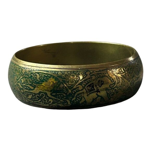 Vintage Brass Bangle Bracelet Etched Elephant  Tiger Green Enamel Made In India‎ - Picture 4 of 14